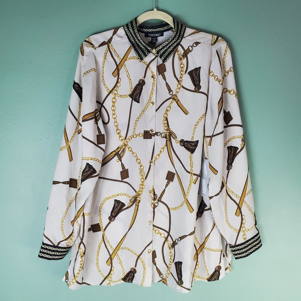 Roz & Ali Beige Button Up Blouse Size 1X NWT Horse Bit & Bridle Western Chain